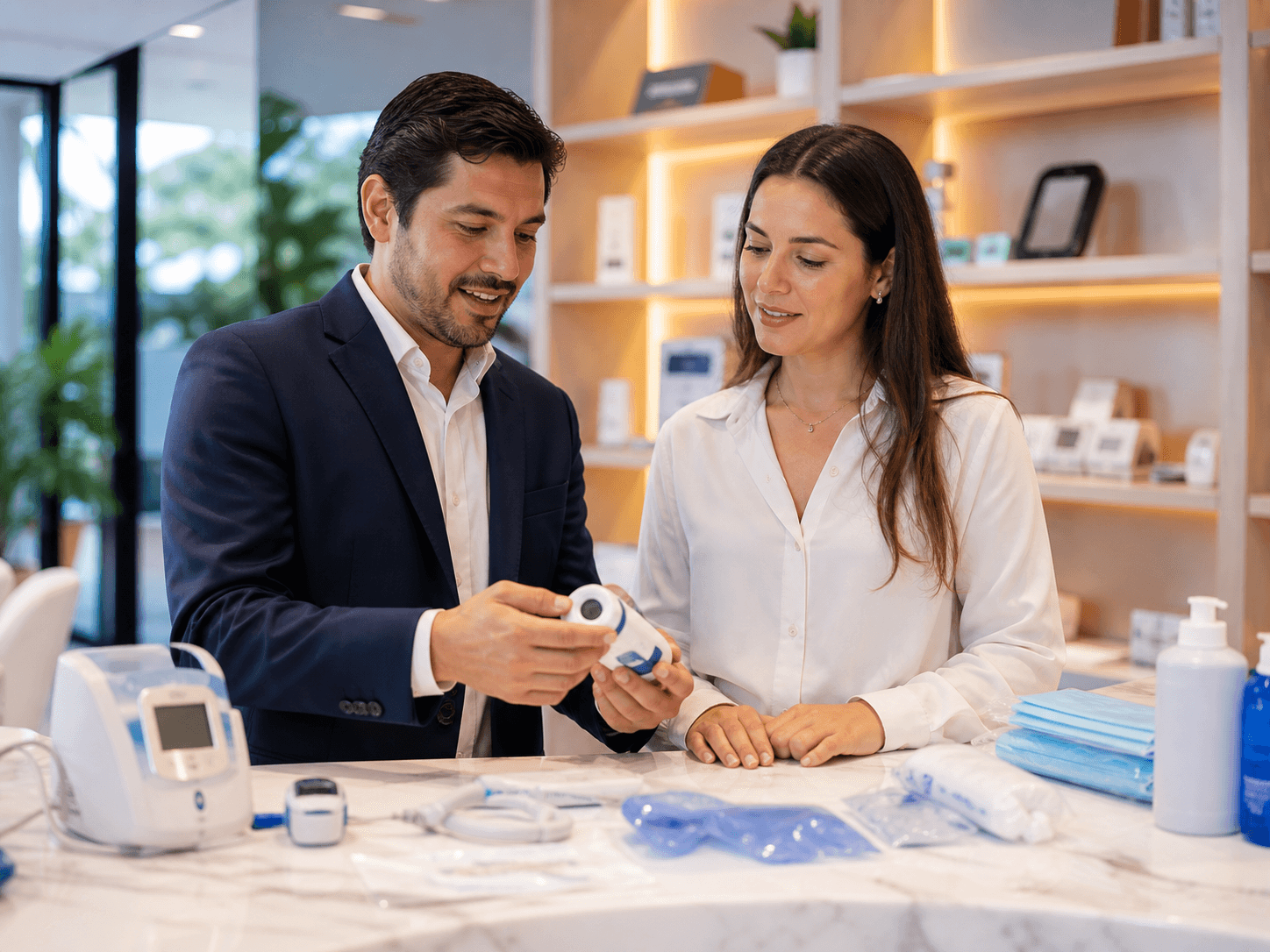 Asesor comercial acompañando a una profesional del sector salud