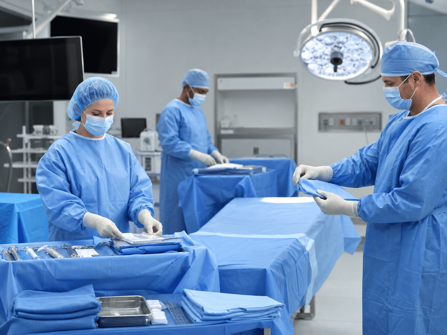 Equipo médico preparando paquetes quirúrgicos junto a mesas cubiertas con campos azules