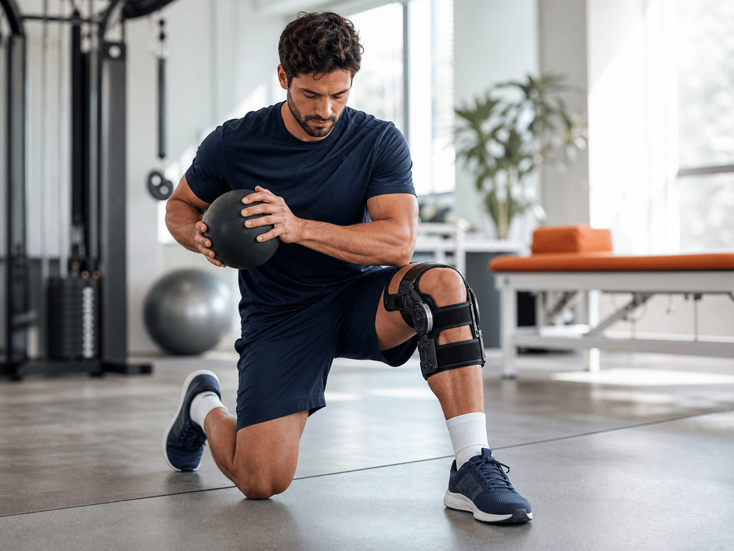 Deportista realizando rehabilitación con una rodillera